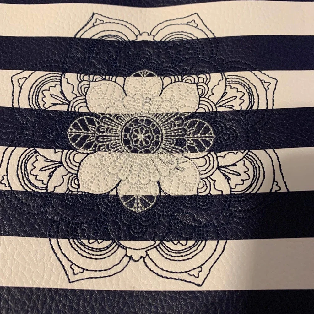 Navy Blue and White Striped Upcycled Faux Leather Embroidered Tote Bag‎